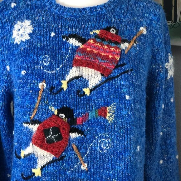 Embroidered Skiing Penguins & Snowflakes Holiday Wool Sweater - Picture 5 of 14